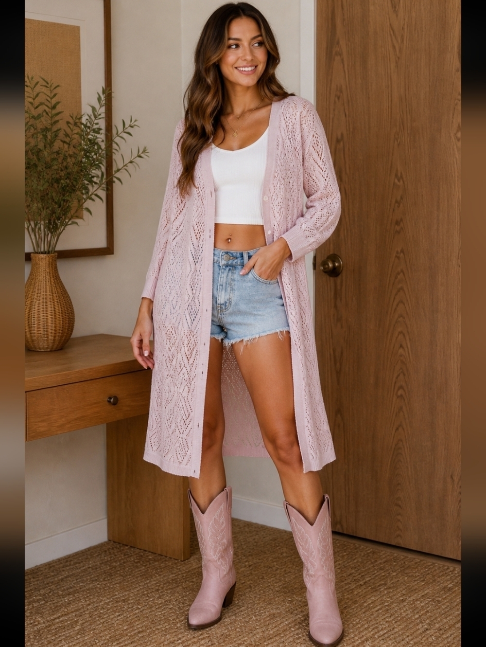 Beautiful Light Pink Crochet Button-up Long Cardigan - Feminine, Cottagecore